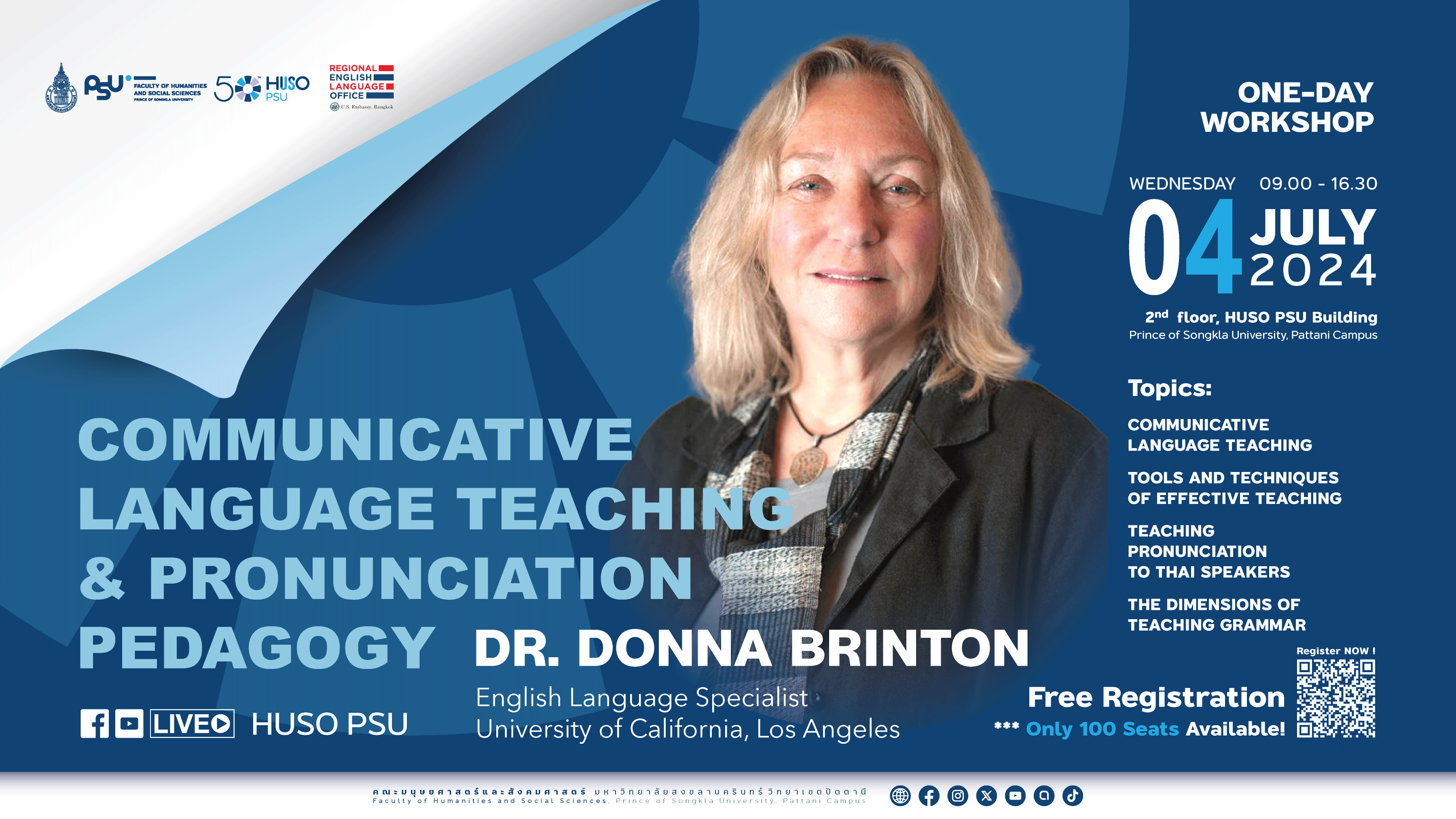 ขอเชิญคุณครูสอนภาษาอังกฤษชาวไทย ร่วมอบรมเชิงปฏิบัติการ Communicative Language Teaching & Pronunciation Pedagogy โดย Dr. Donna Brinton 🇺🇸 จาก University of California, Los Angelesขอเชิญคุณครูสอนภาษาอังกฤษชาวไทย ร่วมอบรมเชิงปฏิบัติการ Communicative Language Teaching & Pronunciation Pedagogy